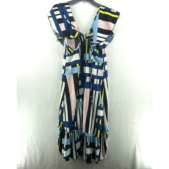 Prettylittlething Midi Dress Sz 6 Black Pink Yellow Striped V-Neck Ruffle Hem - Picture 2 of 10
